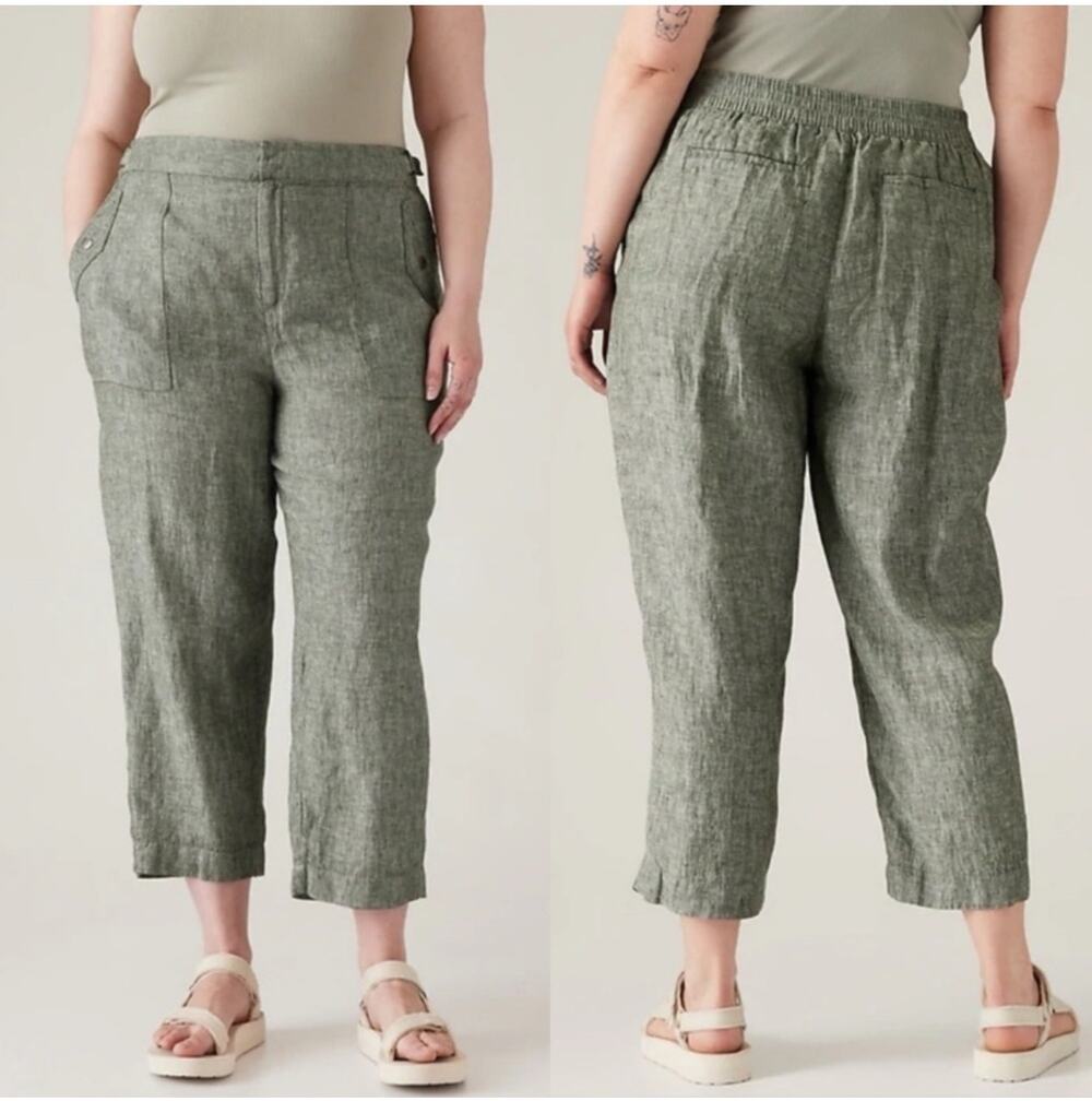 Athleta Pants Womens 4 Green Voyager Linen Relaxed Coastal Travel Comfort Ankle